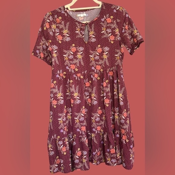 MAURICES Burgundy/Gold/Orange/Lavender Floral Dress w/Ruffle Hem, Size XS, GUC. - Picture 1 of 9